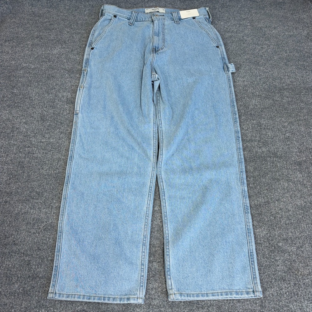 Hollister Baggy Jeans Men 31x30 Light Wash Carpenter Stretch Denim NEW